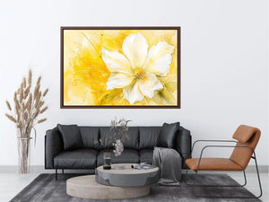 Elegant white flower abstract watercolor on bright yellow background modern floral wall art canvas for luxury living room decor