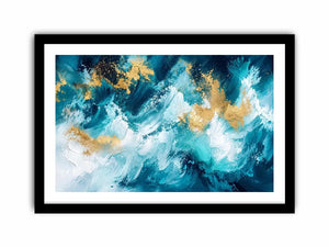 Luxury teal and gold abstract ocean wave painting with textured white brushstrokes modern coastal wall art canvas
