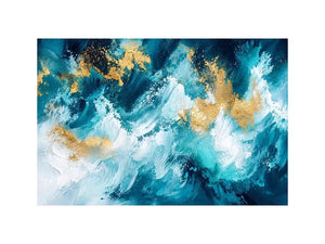 Luxury teal and gold abstract ocean wave painting with textured white brushstrokes modern coastal wall art canvas