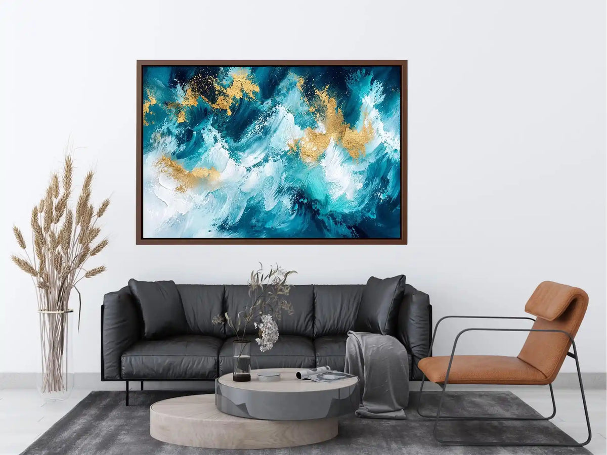 Luxury teal and gold abstract ocean wave painting with textured white brushstrokes modern coastal wall art canvas