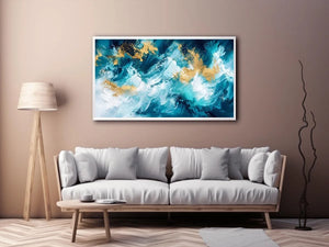 Luxury teal and gold abstract ocean wave painting with textured white brushstrokes modern coastal wall art canvas