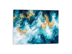 Luxury teal and gold abstract ocean wave painting with textured white brushstrokes modern coastal wall art canvas