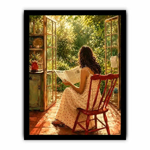 Woman reading by open garden window in cozy cottage interior vintage inspired wall art canvas for elegant home decor