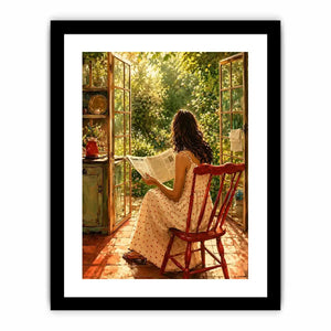 Woman reading by open garden window in cozy cottage interior vintage inspired wall art canvas for elegant home decor