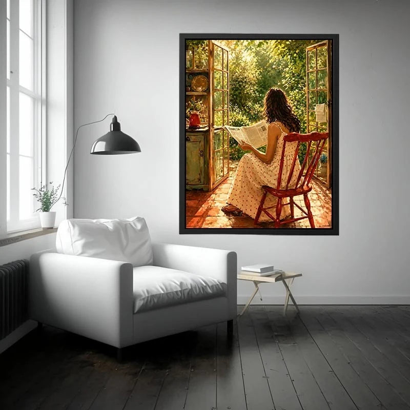Woman reading by open garden window in cozy cottage interior vintage inspired wall art canvas for elegant home decor