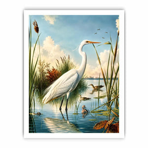 Vintage white heron standing in tranquil marshland with soft blue sky and reeds coastal bird wall art canvas