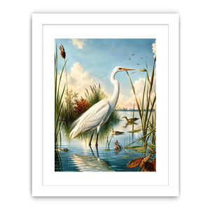 Vintage white heron standing in tranquil marshland with soft blue sky and reeds coastal bird wall art canvas