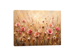 Elegant blush pink wildflower meadow abstract painting with textured neutral background floral wall art canvas
