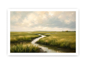 Minimal coastal marsh landscape painting with soft green wetlands and winding water reflections modern wall art canvas