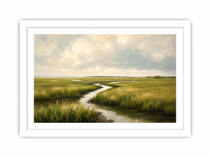 Minimal coastal marsh landscape painting with soft green wetlands and winding water reflections modern wall art canvas