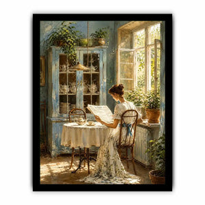 Elegant woman reading by sunlit window in vintage blue interior cozy cottage wall art canvas for luxury home decor