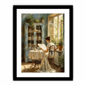 Elegant woman reading by sunlit window in vintage blue interior cozy cottage wall art canvas for luxury home decor