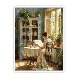 Elegant woman reading by sunlit window in vintage blue interior cozy cottage wall art canvas for luxury home decor