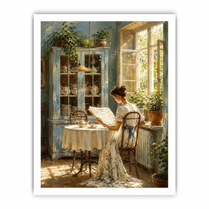 Elegant woman reading by sunlit window in vintage blue interior cozy cottage wall art canvas for luxury home decor