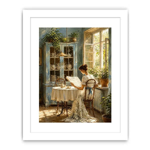 Elegant woman reading by sunlit window in vintage blue interior cozy cottage wall art canvas for luxury home decor