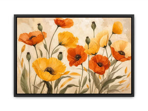Modern orange and yellow poppy flower illustration with soft neutral background botanical wall art canvas