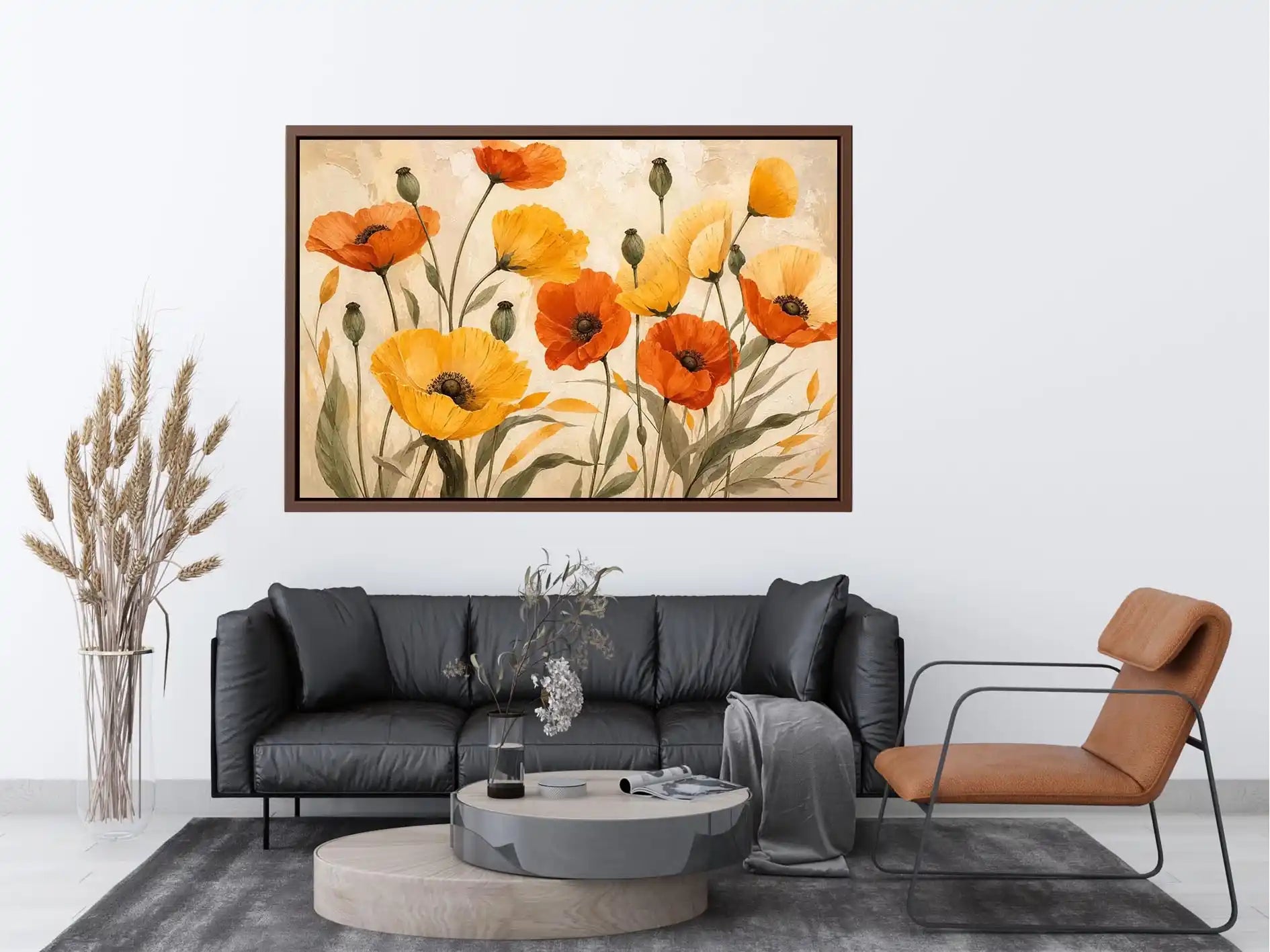 Modern orange and yellow poppy flower illustration with soft neutral background botanical wall art canvas