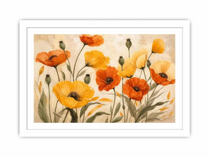Modern orange and yellow poppy flower illustration with soft neutral background botanical wall art canvas