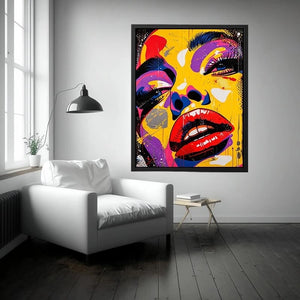 Bold pop art woman face painting canvas, colorful modern graffiti portrait wall art for living room statement decor
