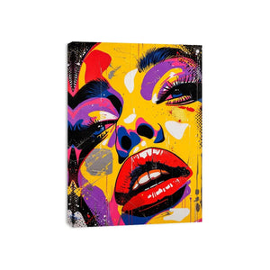 Bold pop art woman face painting canvas, colorful modern graffiti portrait wall art for living room statement decor