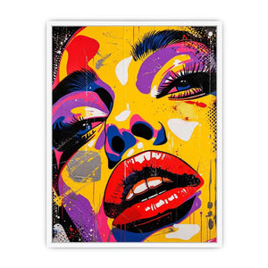 Bold pop art woman face painting canvas, colorful modern graffiti portrait wall art for living room statement decor