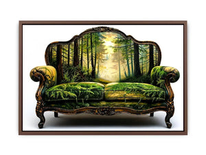 Surreal vintage sofa with enchanted forest landscape integrated into upholstery design