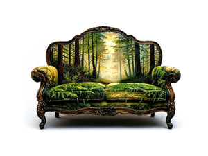 Surreal vintage sofa with enchanted forest landscape integrated into upholstery design