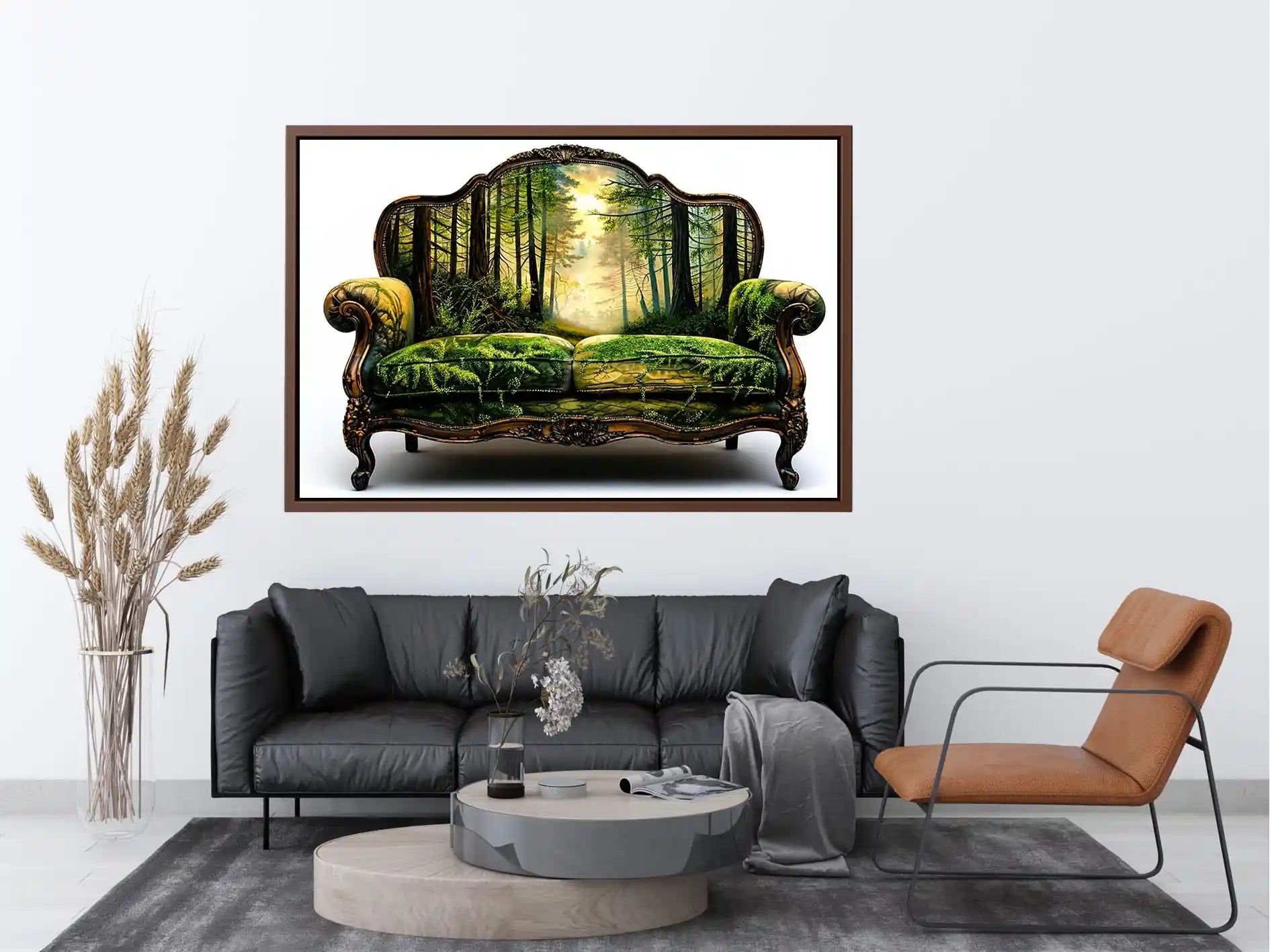 Surreal vintage sofa with enchanted forest landscape integrated into upholstery design
