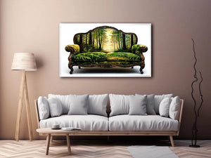 Surreal vintage sofa with enchanted forest landscape integrated into upholstery design