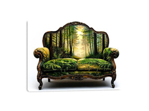 Surreal vintage sofa with enchanted forest landscape integrated into upholstery design