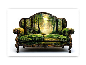 Surreal vintage sofa with enchanted forest landscape integrated into upholstery design