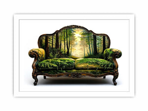 Surreal vintage sofa with enchanted forest landscape integrated into upholstery design