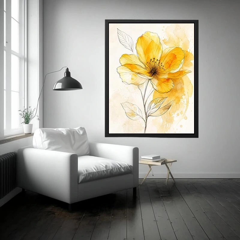 Elegant yellow watercolor flower with delicate botanical line art minimal floral wall art canvas