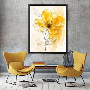 Elegant yellow watercolor flower with delicate botanical line art minimal floral wall art canvas