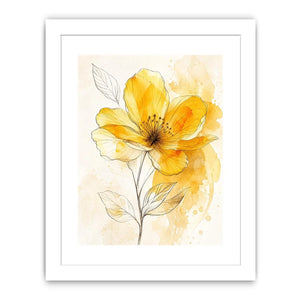 Elegant yellow watercolor flower with delicate botanical line art minimal floral wall art canvas