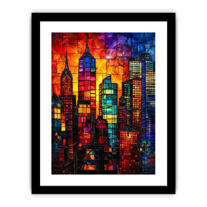 Vibrant stained glass city skyline with colorful skyscrapers and glowing sunset modern urban wall art canvas
