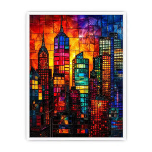 Vibrant stained glass city skyline with colorful skyscrapers and glowing sunset modern urban wall art canvas