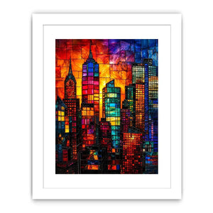 Vibrant stained glass city skyline with colorful skyscrapers and glowing sunset modern urban wall art canvas