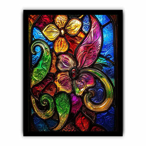 Colorful stained glass floral artwork with vibrant petals and swirling botanical patterns modern wall art canvas
