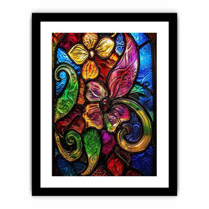 Colorful stained glass floral artwork with vibrant petals and swirling botanical patterns modern wall art canvas