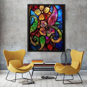 Colorful stained glass floral artwork with vibrant petals and swirling botanical patterns modern wall art canvas