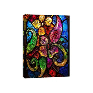 Colorful stained glass floral artwork with vibrant petals and swirling botanical patterns modern wall art canvas