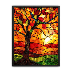 Warm stained glass tree artwork with glowing amber sunset colors and mosaic landscape modern wall art canvas