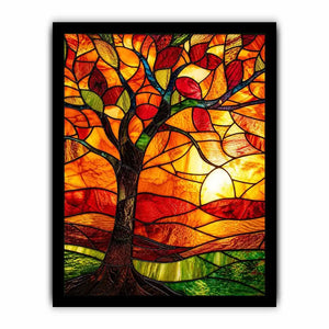 Warm stained glass tree artwork with glowing amber sunset colors and mosaic landscape modern wall art canvas