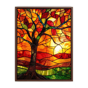Warm stained glass tree artwork with glowing amber sunset colors and mosaic landscape modern wall art canvas