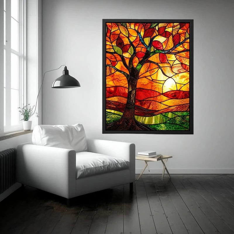 Warm stained glass tree artwork with glowing amber sunset colors and mosaic landscape modern wall art canvas