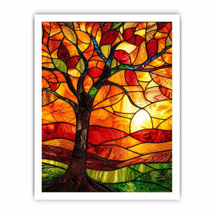 Warm stained glass tree artwork with glowing amber sunset colors and mosaic landscape modern wall art canvas