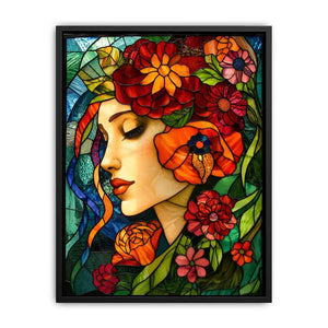 Elegant stained glass portrait of woman surrounded by vibrant flowers colorful Art Nouveau wall art canvas