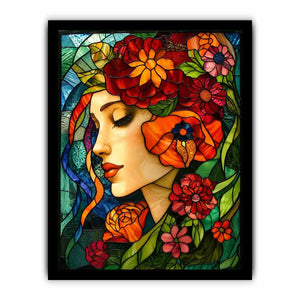Elegant stained glass portrait of woman surrounded by vibrant flowers colorful Art Nouveau wall art canvas