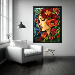 Elegant stained glass portrait of woman surrounded by vibrant flowers colorful Art Nouveau wall art canvas